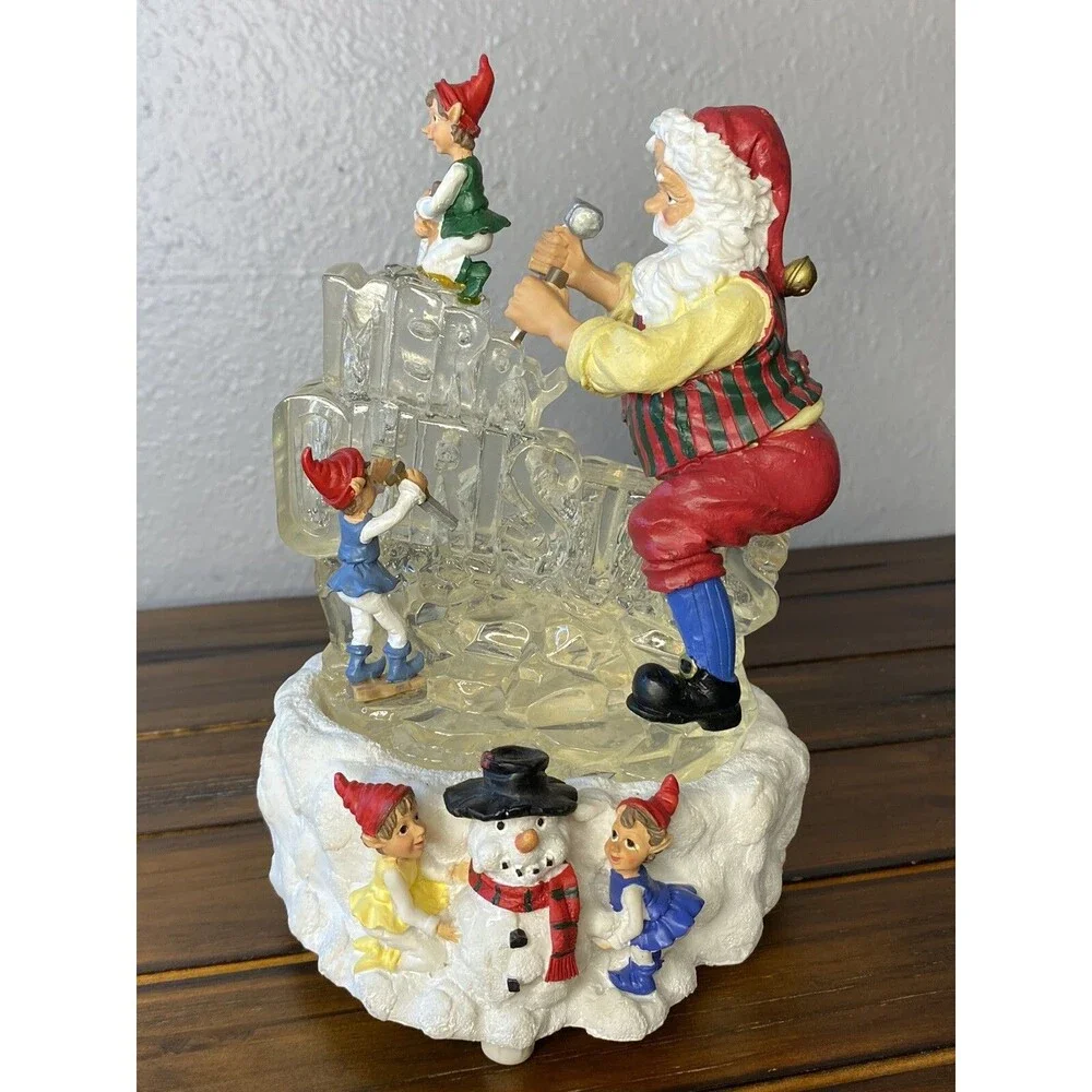 Vintage Santa Claus Elves Musical Lighted MERRY CHRISTMAS Ice Carving 7.5” Gift